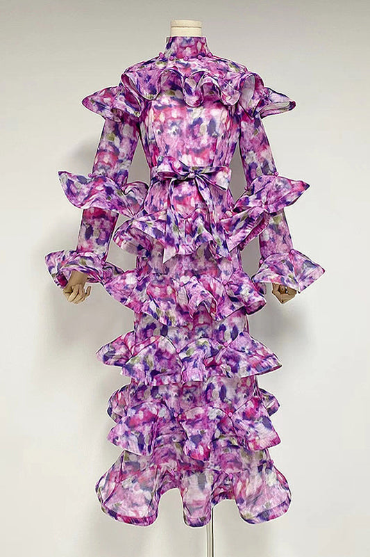 Tiered-Frills Linen-Blend Midi Dress