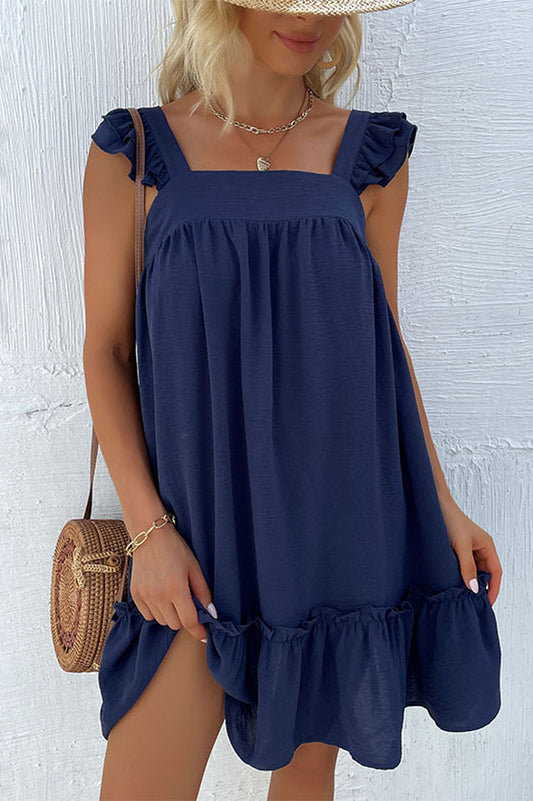 Frill Trim Solid Smock Dress