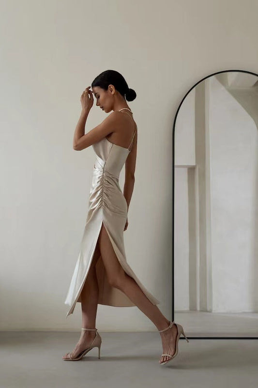 Ruched Trim High Split Cami Midi Dress