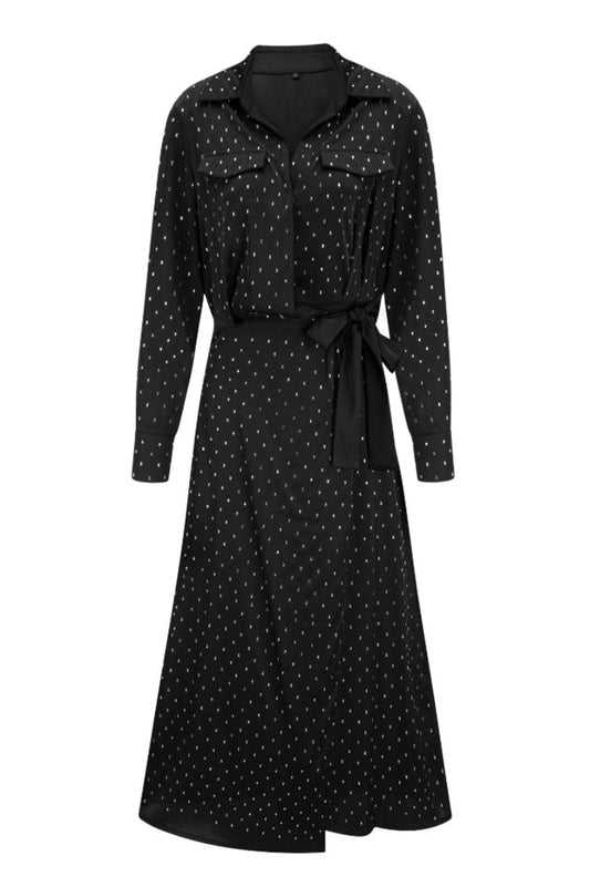 Rhinestone Dotted Collared Belted Midi Dress