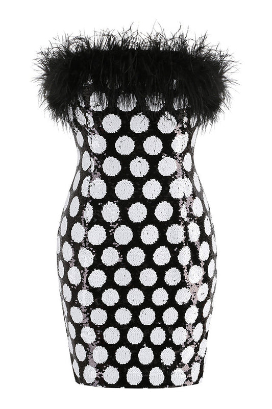 Feather Trim Polka Dot Sequin Dress