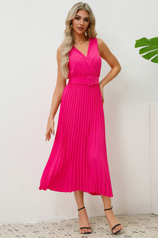 Pleated Sleeveless Dress with Belt