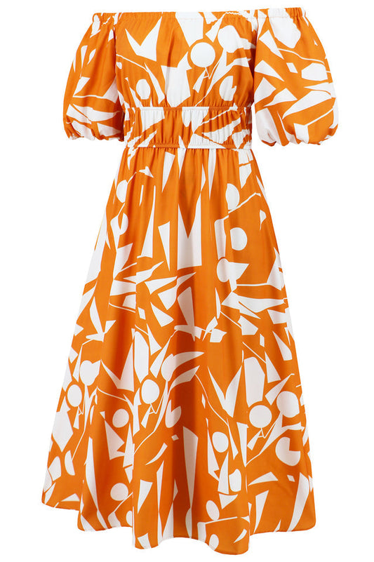 Printed Off Shoulder Balloon Sleeve Dress
