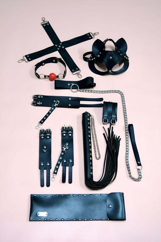 7 Piece Fantasy Whip Set, Handcuff Set, Foot Cuff, Cat Mask