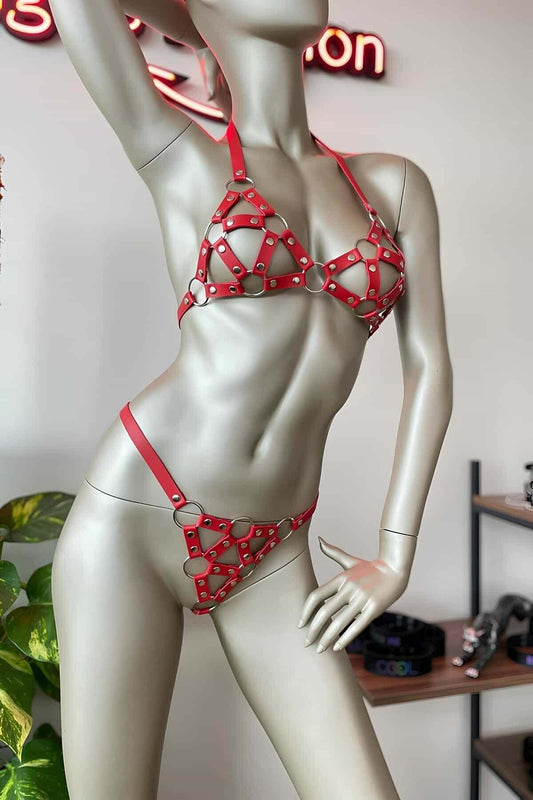 Red Leather Bra Set Leather Underwear