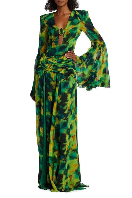 Bell Sleeve Printed Gown