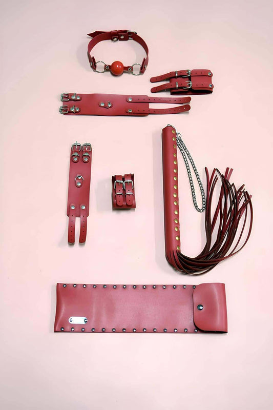 Whip Handcuff Set 4 Piece Set, Hand - Foot Handcuffs, Whip, Mouth Ball