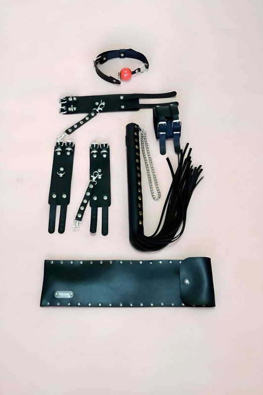 Fantasy Whip Set 4 Piece Set, Hand - Foot Cuffs, Whip, Mouth Ball