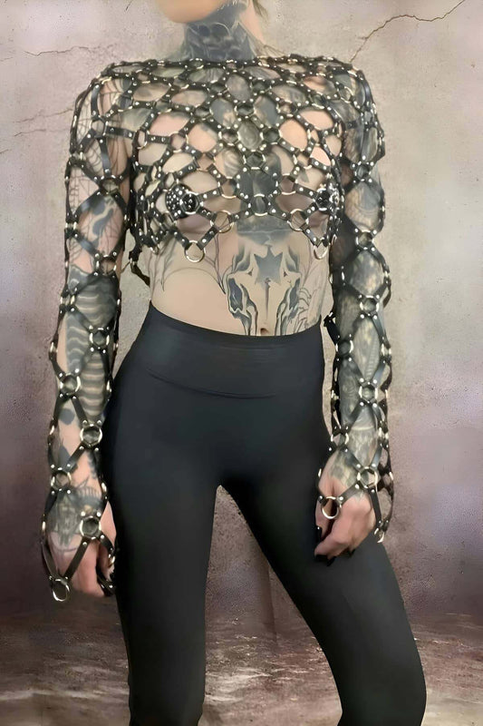 Cross Design Long Sleeve Leather Crop Top with Tie Bustier Harness