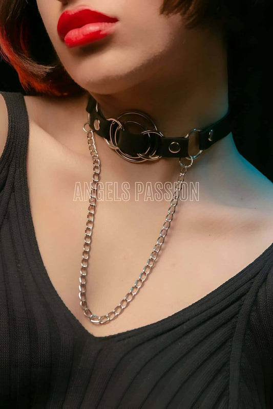 Leather Choker, Leather Collar, Leather Chain Necklace, Leather Ring Necklace