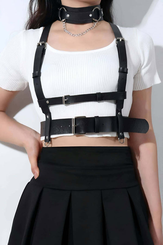 Leather Chest Harness and Choker-Leash Set
