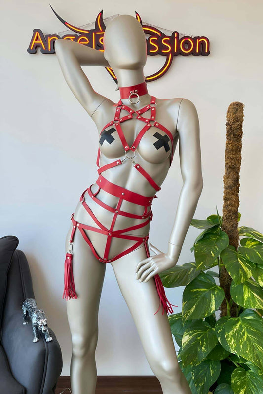 Red Harness Fantasy Underwear Set with Leash