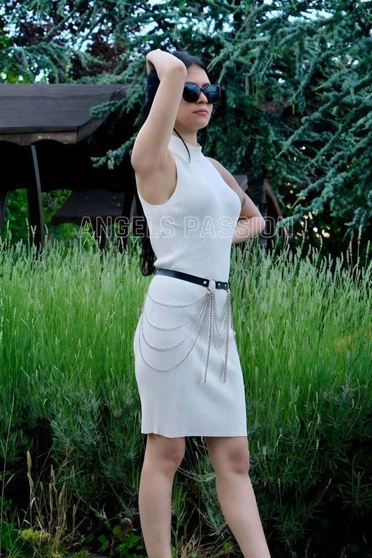 Adjustable Stylish Leather Belt with Chain, Dress Belt with Chain