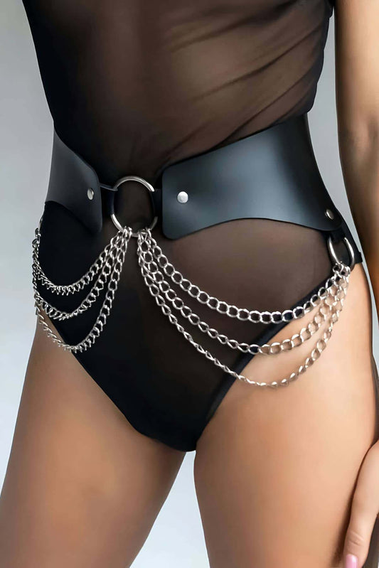 Chain Leather Belt, Stylish Waist Belt, Chain Detailed Dress Belt