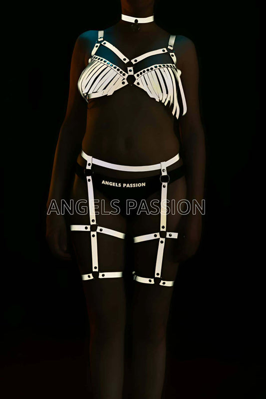 White Reflective Tassel Bra Garter Set
