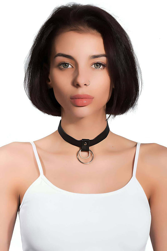 Leather Choker Necklace with Rings
