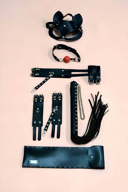 Handcuff Whip Set, Set of 5, Hand - Foot Handcuffs, Mask, Mouth Ball