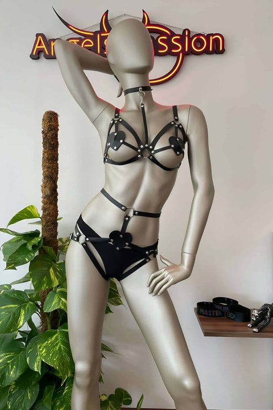 Heart Detailed Black Leather Garter Harness Bra Set
