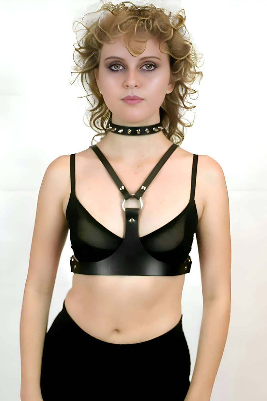 Stylish Leather Chest Belt and Studded Collar