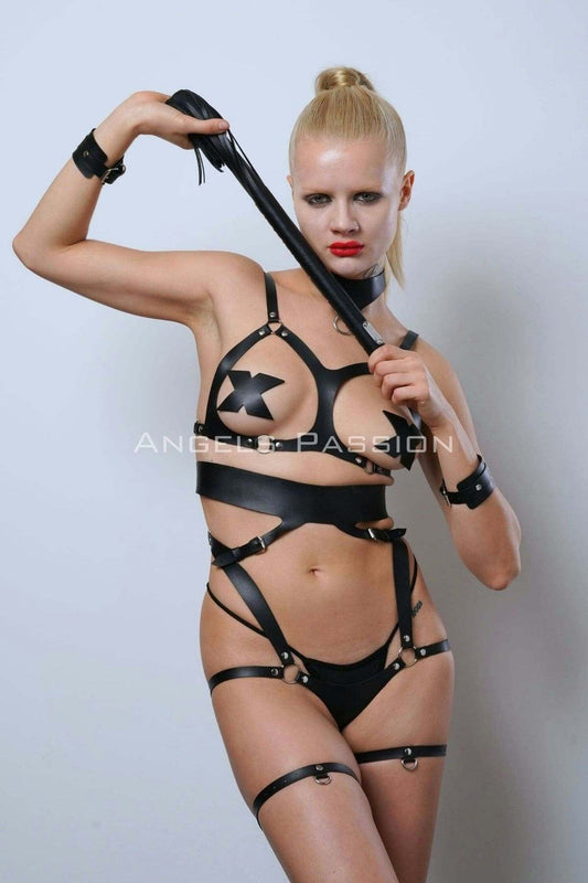 Leather Fantasy Harness Set with Cuffs