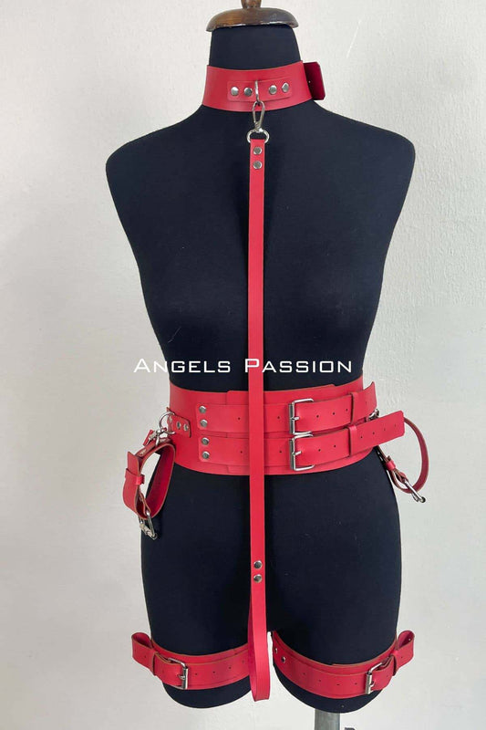 Stylish Leather Harness Set with Cuffs, Women's Fantasy Clothing