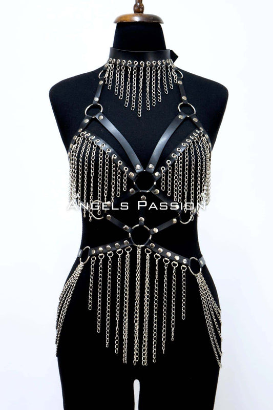 Chain Leather Harness, Leather Dancer Costume, Choker Detail Leather Harness