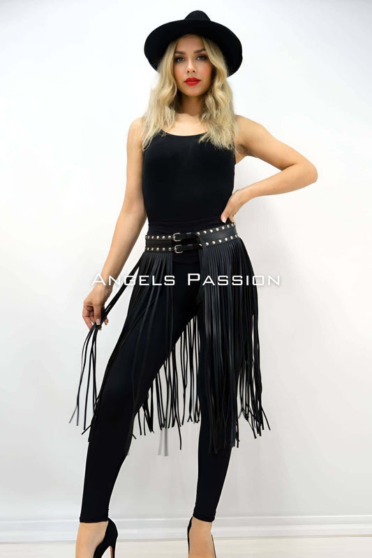 5 mm Tassel Stylish Leather Skirt, Below Knee Tassel Skirt