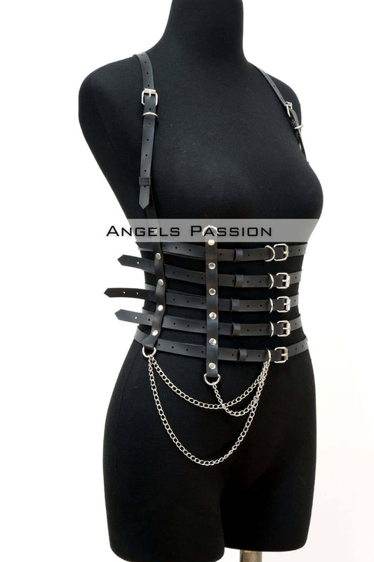 Chain Detailed 5 Row Leather Belt, Leather Corset Belt