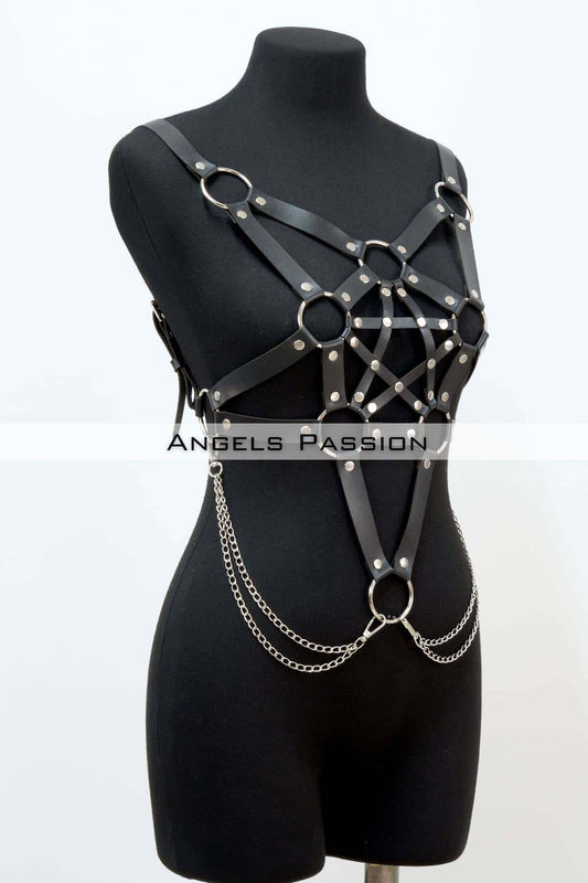 Stylish Leather Chest Harness with Chain Detail, Bustier Harness, Leather Chest Harness