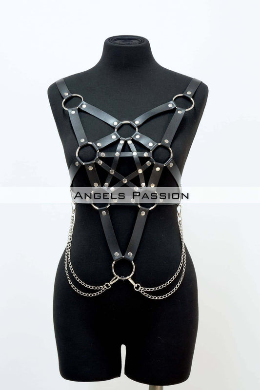 Stylish Leather Chest Harness with Chain Detail, Bustier Harness, Leather Chest Harness