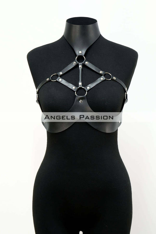 Leather Fantasy Clothing with Open Breasts, Leather Breast Harness