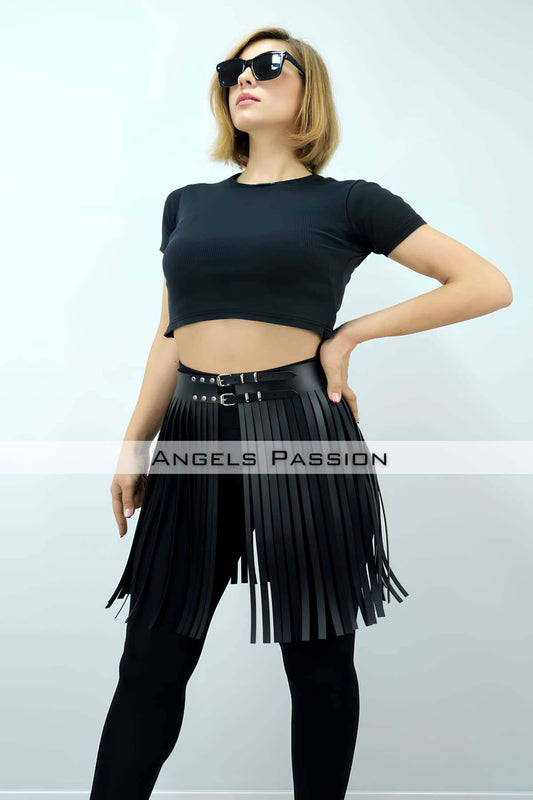 47 cm Stylish Tassel Leather Skirt, Tassel Skirt Over Shorts, Stylish Tassel Mini Skirt