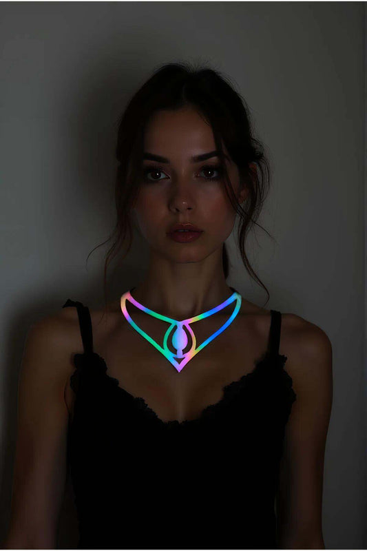 Rainbow Reflective Drop Choker Necklace, Elegant Laser Cut Necklace