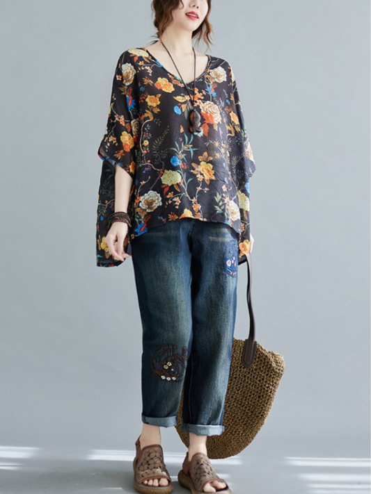 My Heart Big Flower Loose Tops
