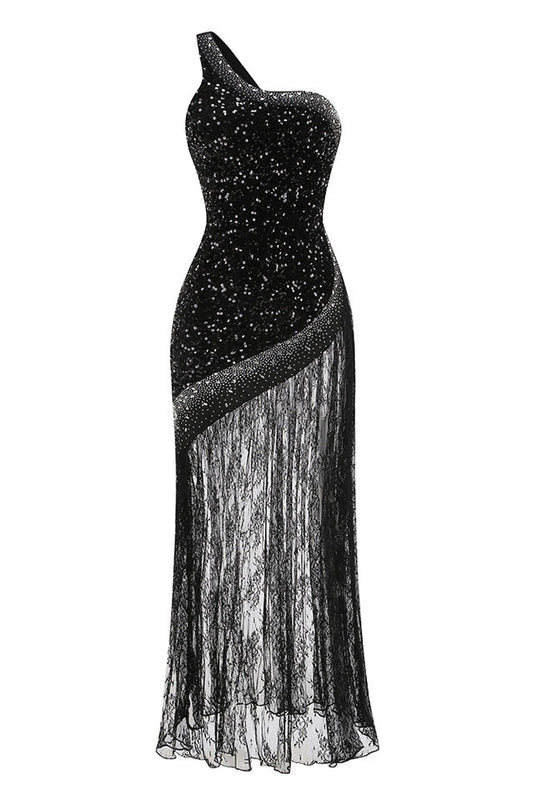 One Shoulder Shiny Sequin Lace Dress
