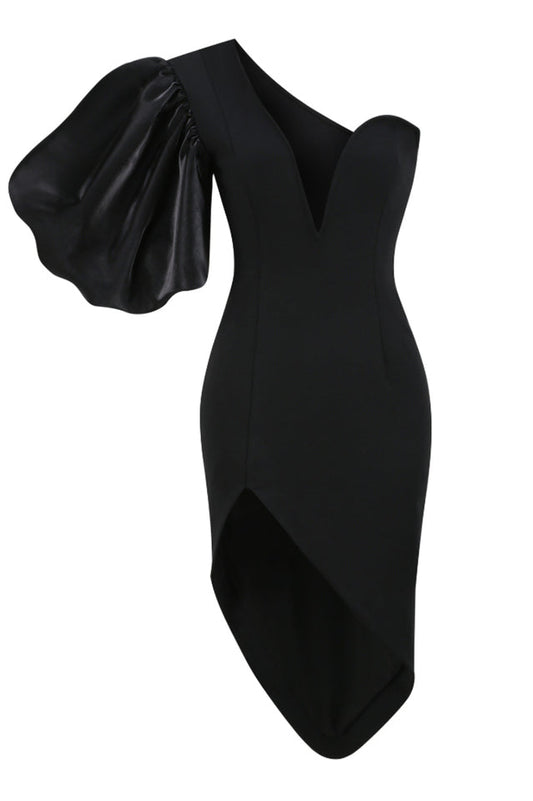 Black Puff Sleeve Asymmetric Midi Dress
