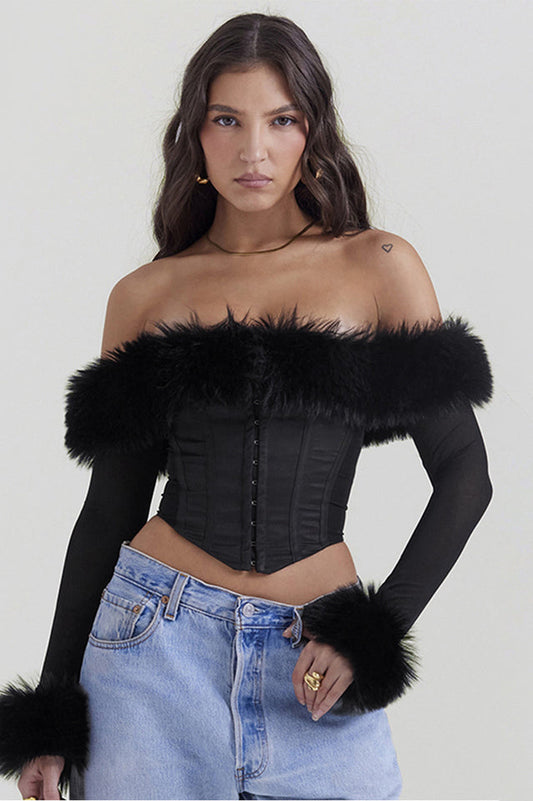 Black Faux Fur Trimmed Bustier