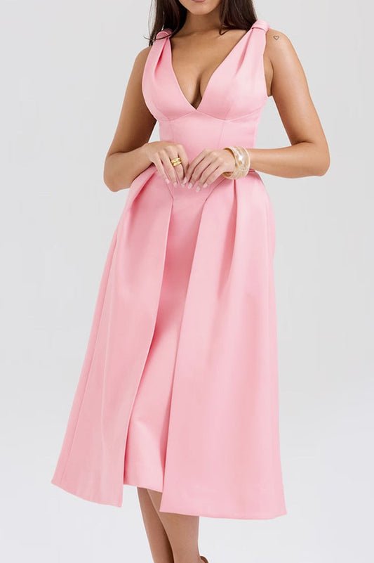 Deep V Neck Cinch Waist Satin Midi Dress