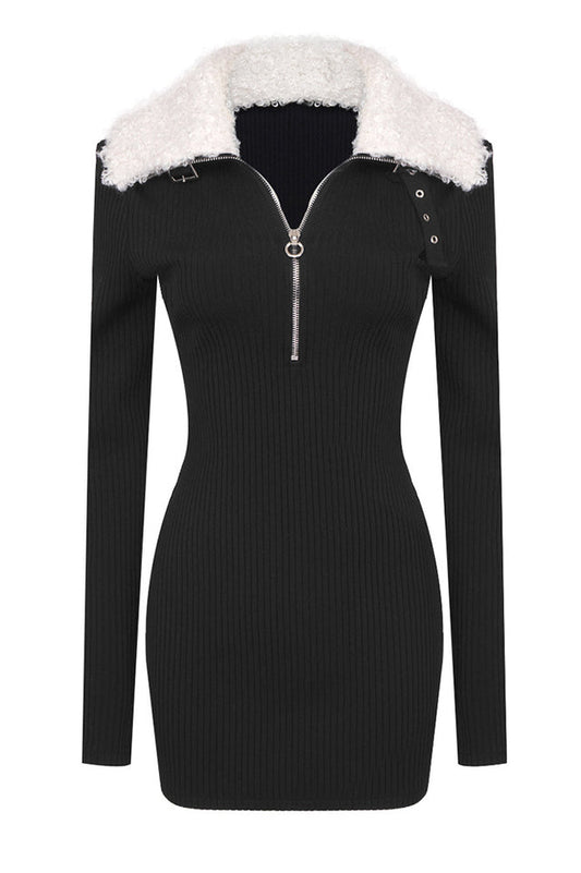 Fluffy Collared Zip Detailed Knit Dress