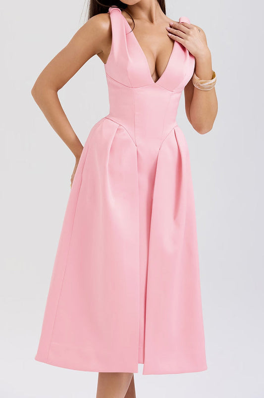 Deep V Neck Cinch Waist Satin Midi Dress