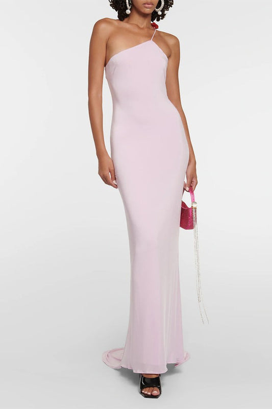 Floral-Appliqué One Shoulder Gown