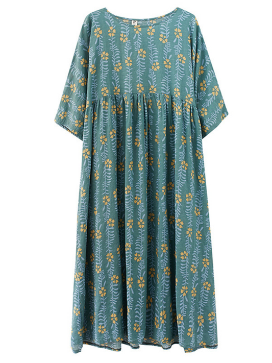 women summer loose round neck print short-sleeved plus size mid-length smocked dress