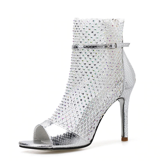 Gladiator Glittered Peep-Toe Ankle Heels
