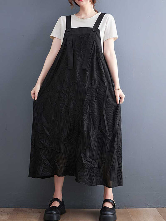 Pleated Cotton Black Color Salopette Dress