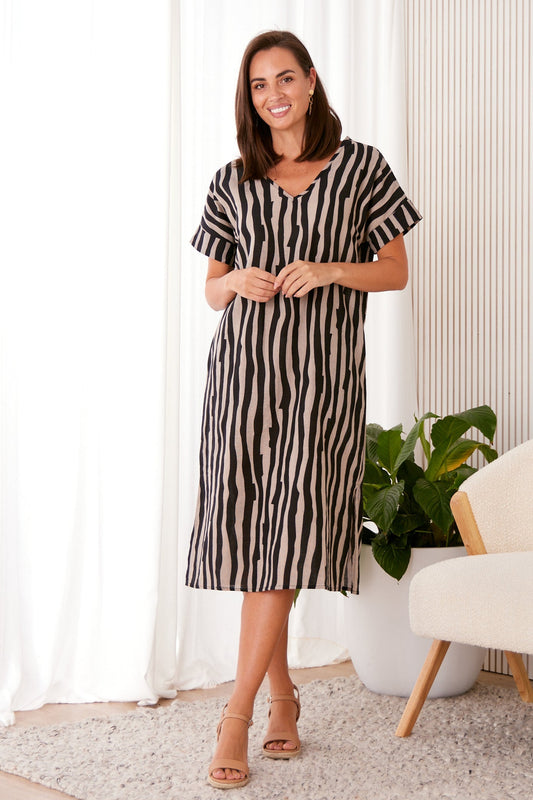 Esiteri Cotton Dress - Brown/Black Stripe