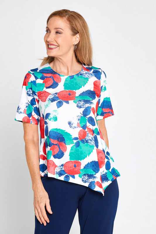 Shyla Top - Teal/Coral Leaves
