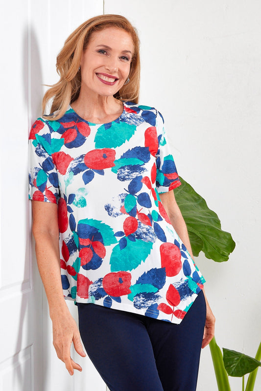 Shyla Top - Teal/Coral Leaves
