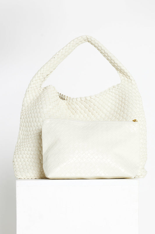 Woven Slouch Bag & Clutch - Rice White