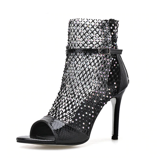 Gladiator Glittered Peep-Toe Ankle Heels