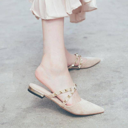 Retro Chic Cross Tie Flock Rivet Pointed Toe Square Heels Women Mules Shoes